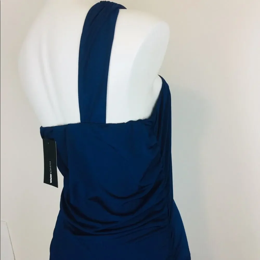 NWT Fashion Nova Tessa Ruched Midi Dress Navy One Shoulder Size 1X - Picture 9 of 12